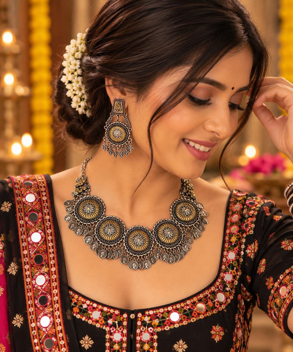 Oxidized Silver Necklace Set with earings Jewelry, Garba Jewelry, Navratri Necklace, Gujarati Jewelry, Boho Statement Jewelry ( code 15)
