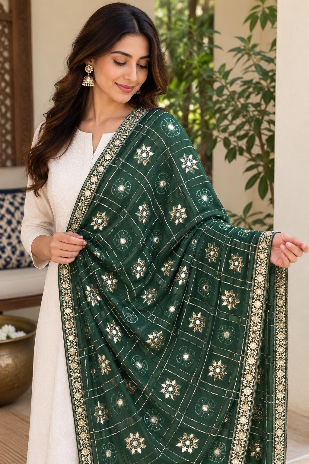 Pure Chinnon Dupatta with Mirror Work | green Gold Embroidered Dupatta | Indian Chiffon Dupatta | Festive Wedding Scarf | Ethnic