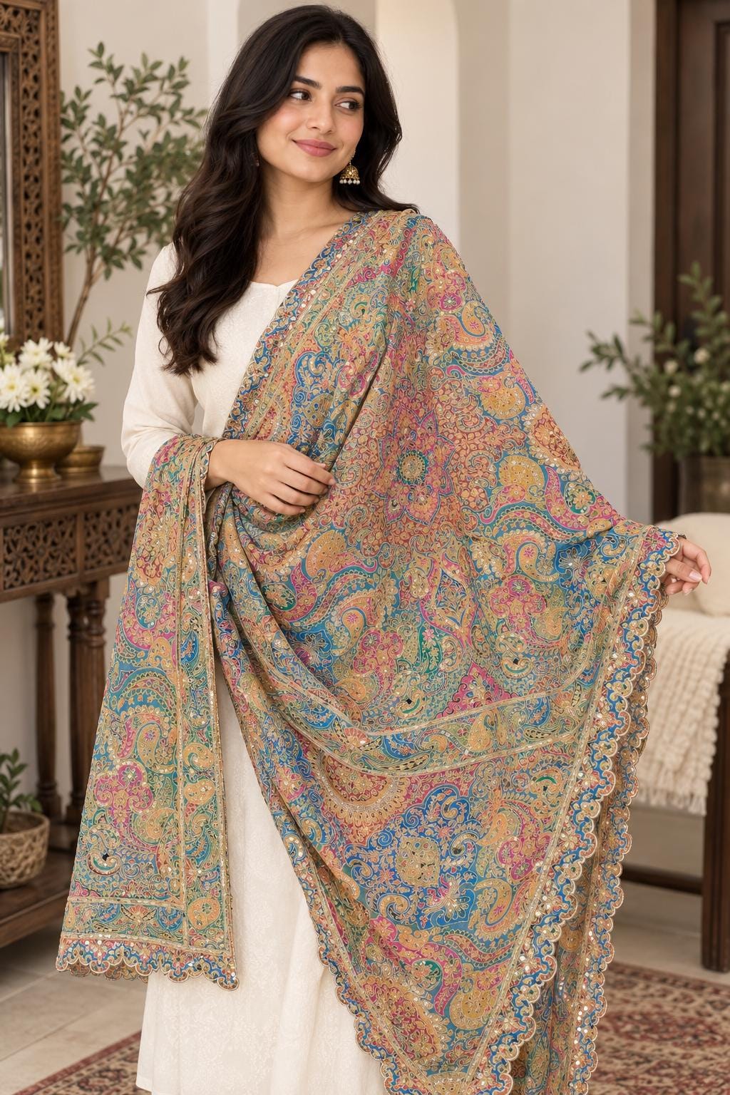 Multiciloured Embroidered Georgette Dupatta | Handmade Ethnic Dupatta | Festive Indian Dupatta | Wedding & Party