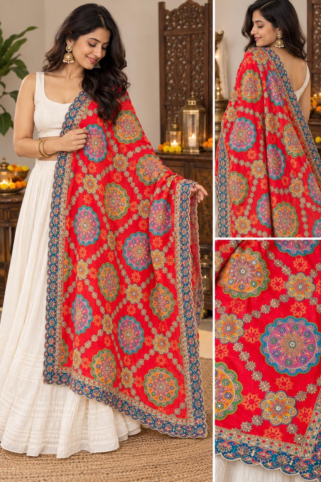 Red Embroidered Georgette Dupatta | Multicolor Festive Indian Occasion Wear