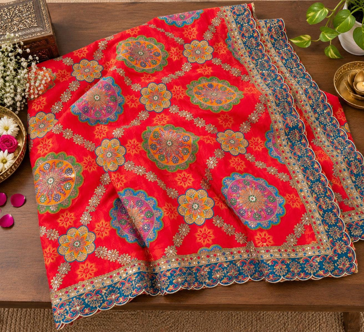 Red Embroidered Georgette Dupatta | Multicolor Festive Indian Occasion Wear