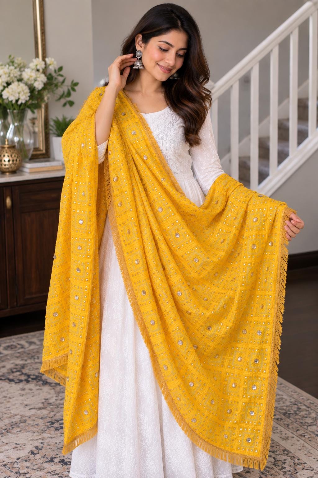 Handmade , Handwoven , Elegant vibrant & Authentic yellow Phulkari Dupatta / Indian Scarf. Hand embroidered .