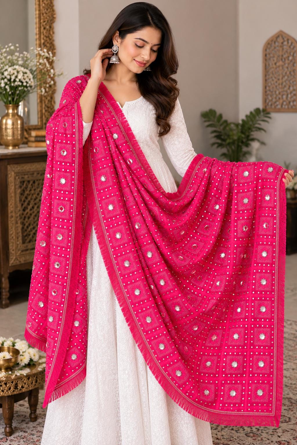 Handmade , Handwoven , Elegant vibrant & Authentic pink Phulkari Dupatta / Indian Scarf. Hand embroidered .