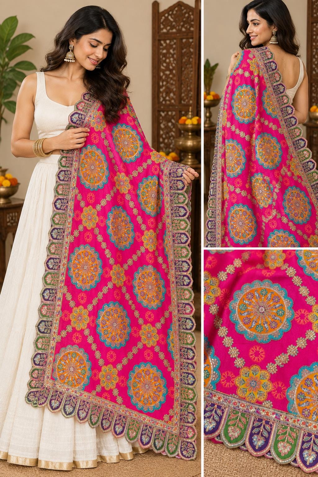 Pink Embroidered Georgette Dupatta | Handmade Ethnic Dupatta | Festive Indian Dupatta | Wedding & Party