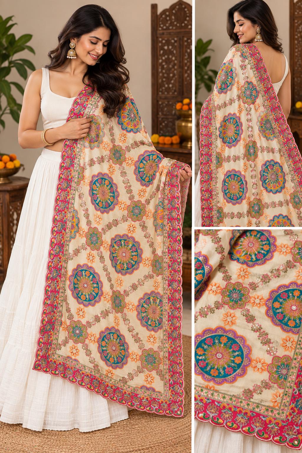 White Embroidered Georgette Dupatta | Handmade Ethnic Dupatta | Festive Indian Dupatta | Wedding & Party