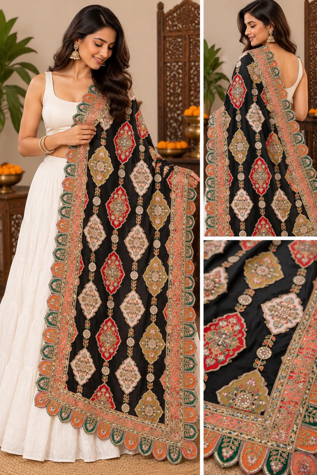 Black Embroidered Georgette Dupatta | Handmade Ethnic Dupatta | Festive Indian Dupatta | Wedding & Party