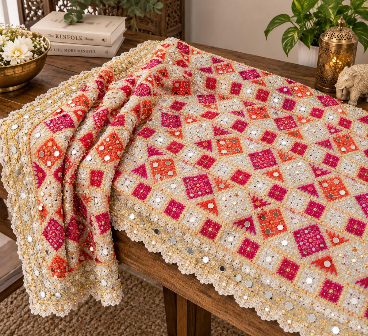 White Handmade , Handwoven , Elegant vibrant & Authentic Multicolour Phulkari Dupatta / Indian Scarf. Hand embroidered