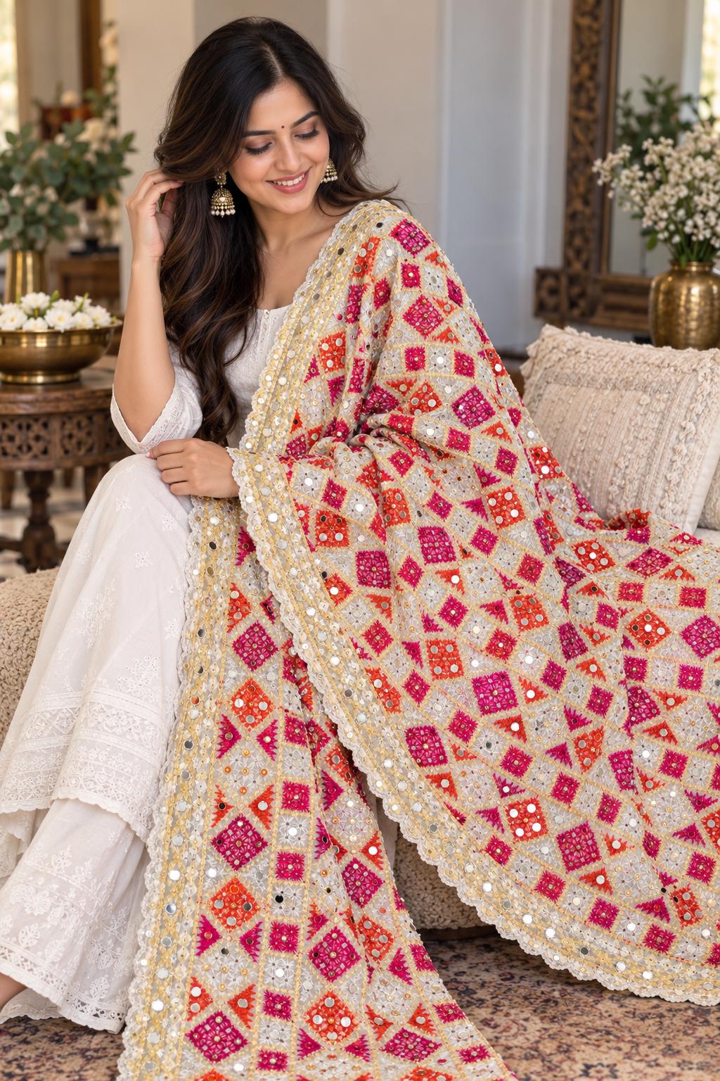 White Handmade , Handwoven , Elegant vibrant & Authentic Multicolour Phulkari Dupatta / Indian Scarf. Hand embroidered