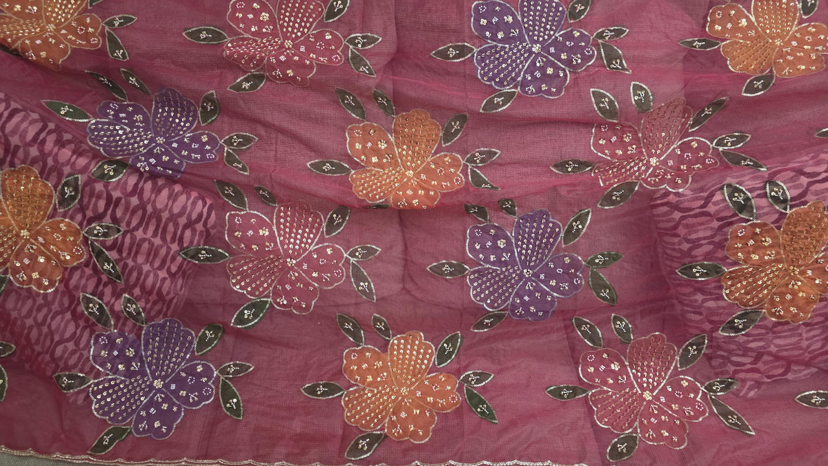 Embroidered pink Floral Dupatta, Indian Ethnic Festive Statement Shawl