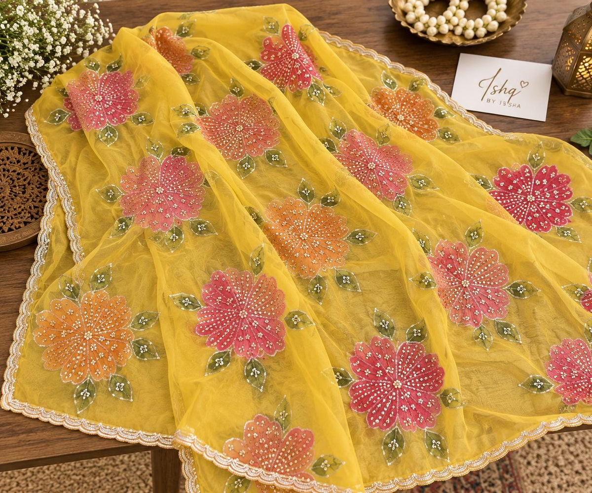 Embroidered yellow Floral Dupatta, Indian Ethnic Festive Statement Shawl
