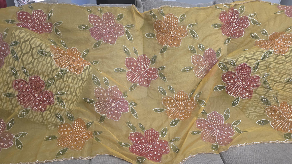 Embroidered yellow Floral Dupatta, Indian Ethnic Festive Statement Shawl