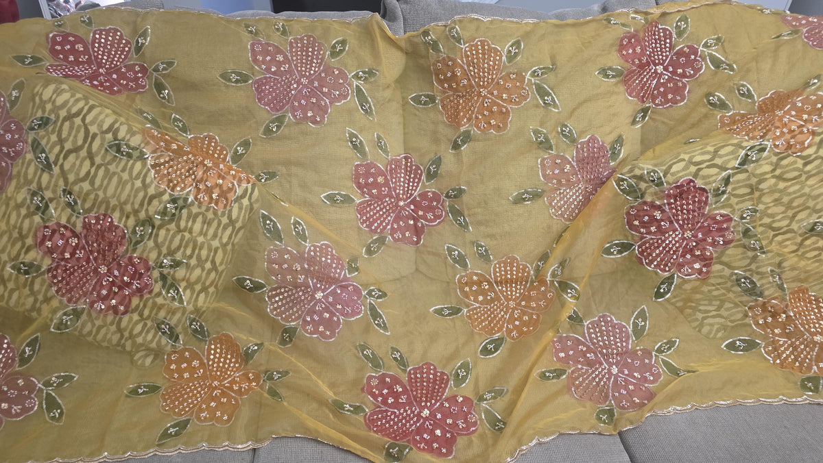 Embroidered yellow Floral Dupatta, Indian Ethnic Festive Statement Shawl