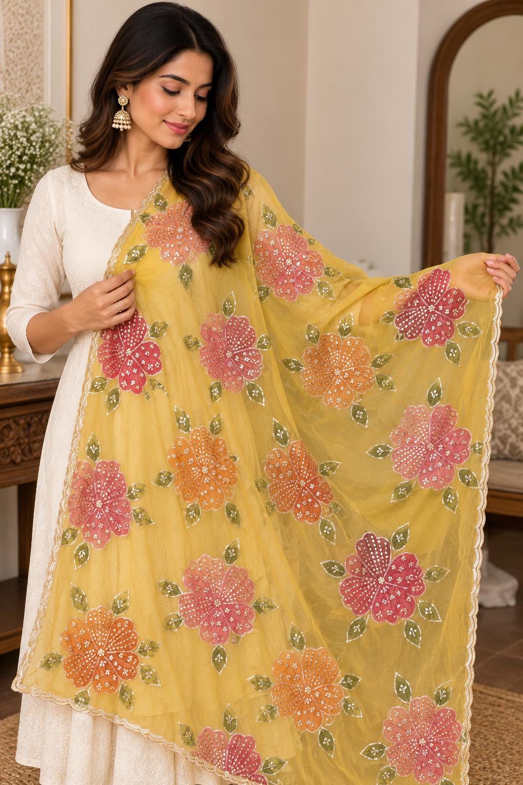 Embroidered yellow Floral Dupatta, Indian Ethnic Festive Statement Shawl