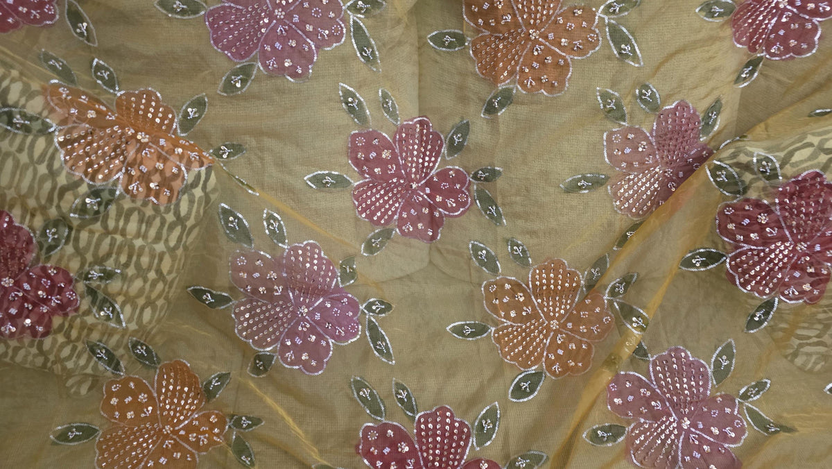 Embroidered yellow Floral Dupatta, Indian Ethnic Festive Statement Shawl