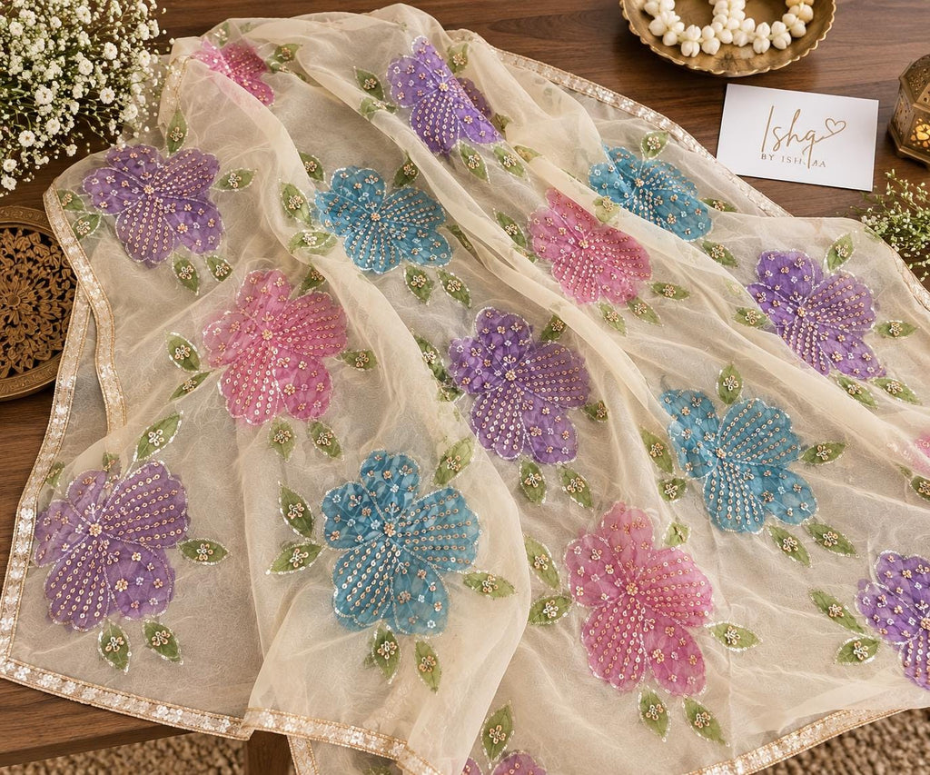 Embroidered cream Floral Dupatta, Indian Ethnic Festive Statement Shawl