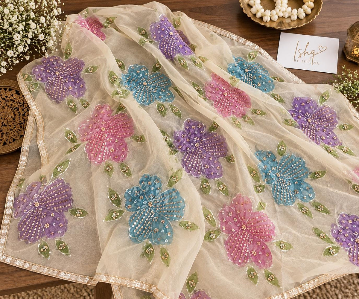 Embroidered cream Floral Dupatta, Indian Ethnic Festive Statement Shawl