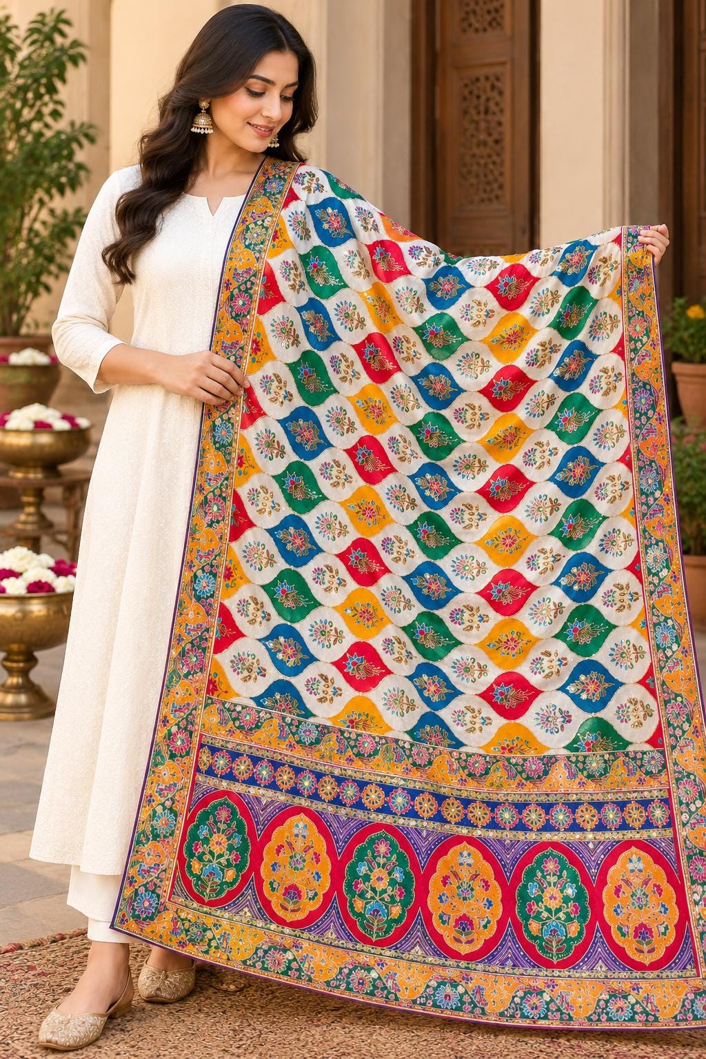 Pure Chinnon Dupatta | Designer Indian Dupatta | Multicolor Embroidered Dupatta | Festive Dupatta | Garba Navratri Dupatta | Chinnon Stole