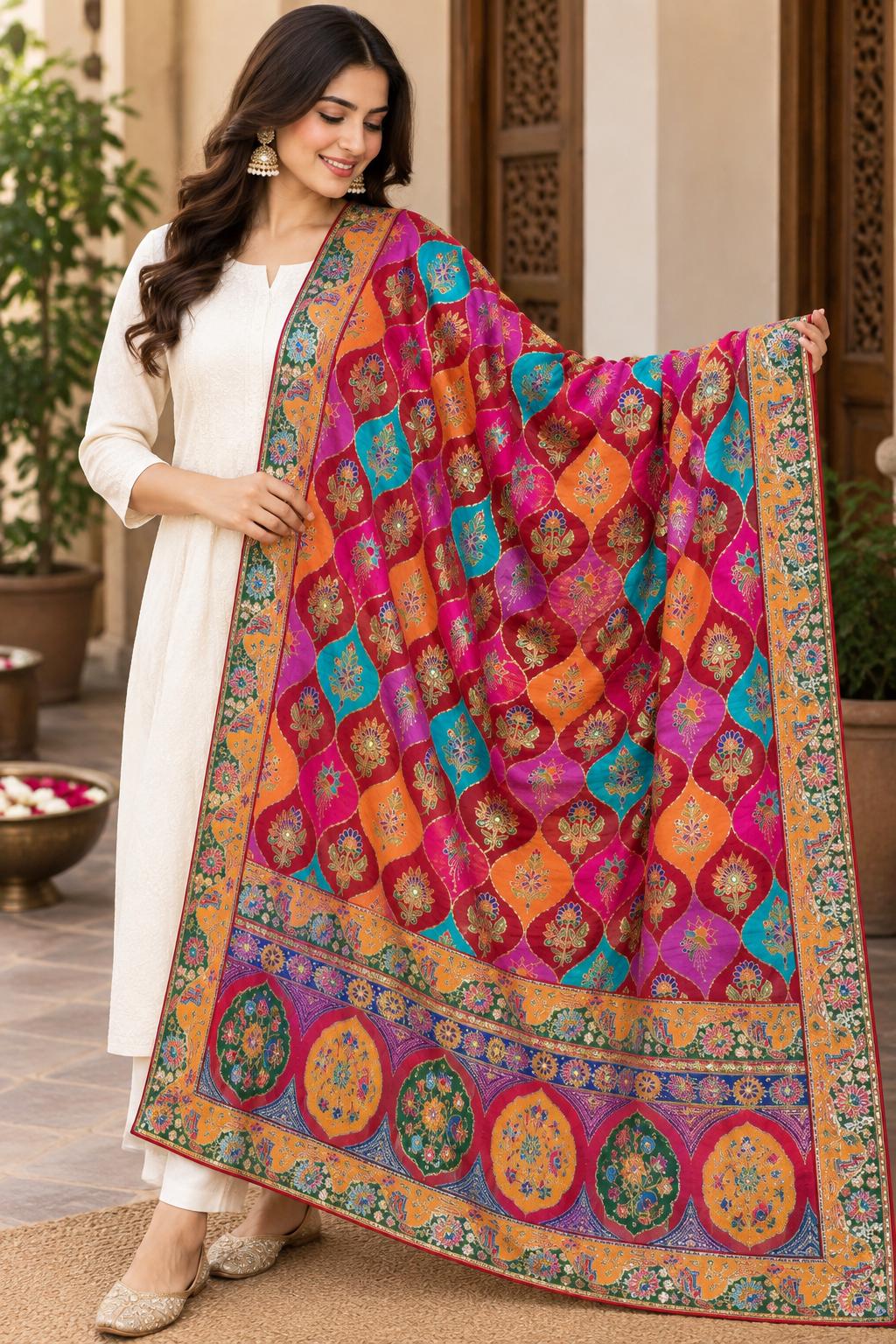 Pure Chinnon Dupatta | Designer Indian Dupatta | Multicolor Embroidered Dupatta | Festive Dupatta | Garba Navratri Dupatta | Chinnon Stole