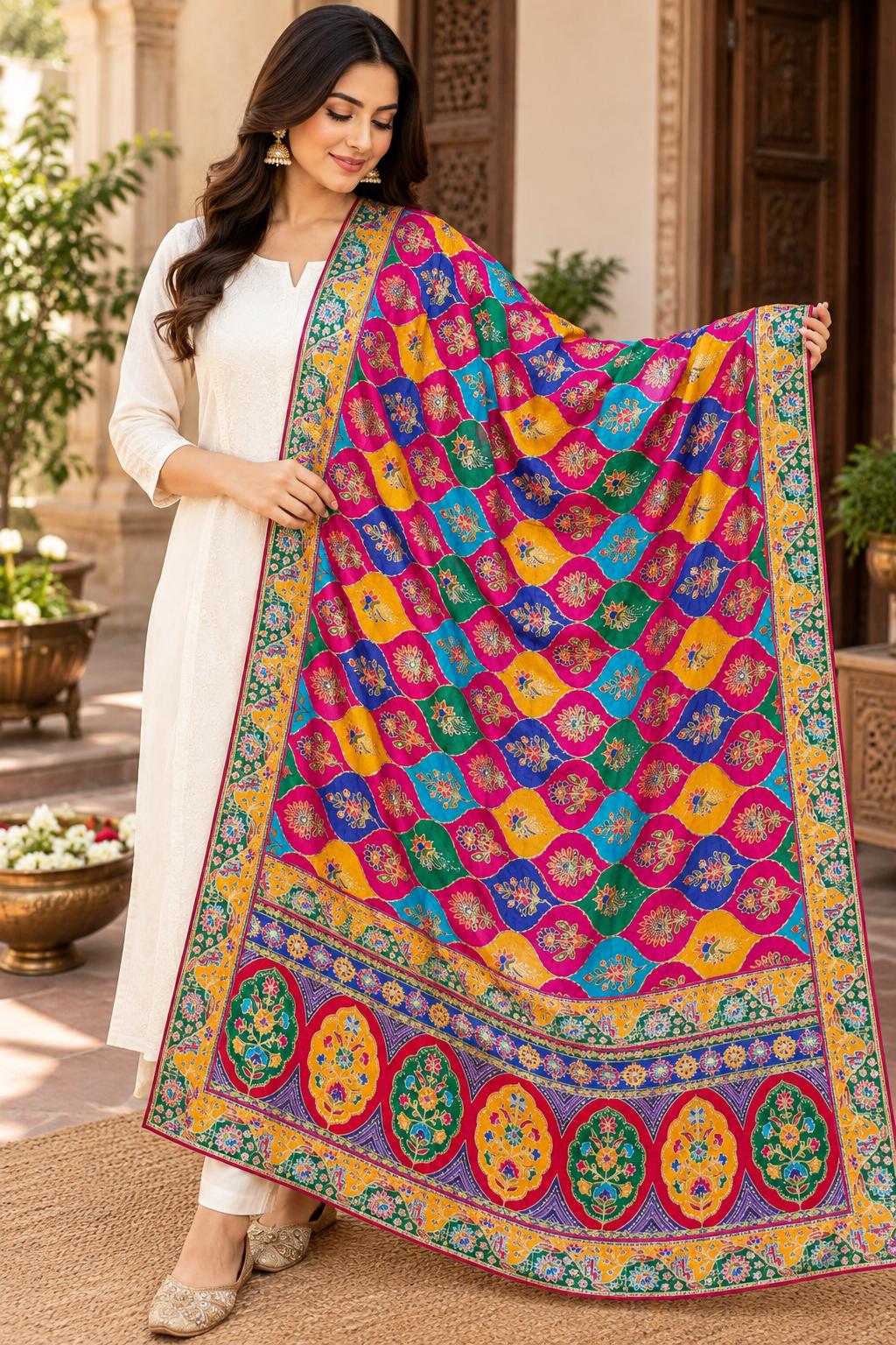 Pure Chinnon Dupatta | Designer Indian Dupatta | Multicolor Embroidered Dupatta | Festive Dupatta | Garba Navratri Dupatta | Chinnon Stole