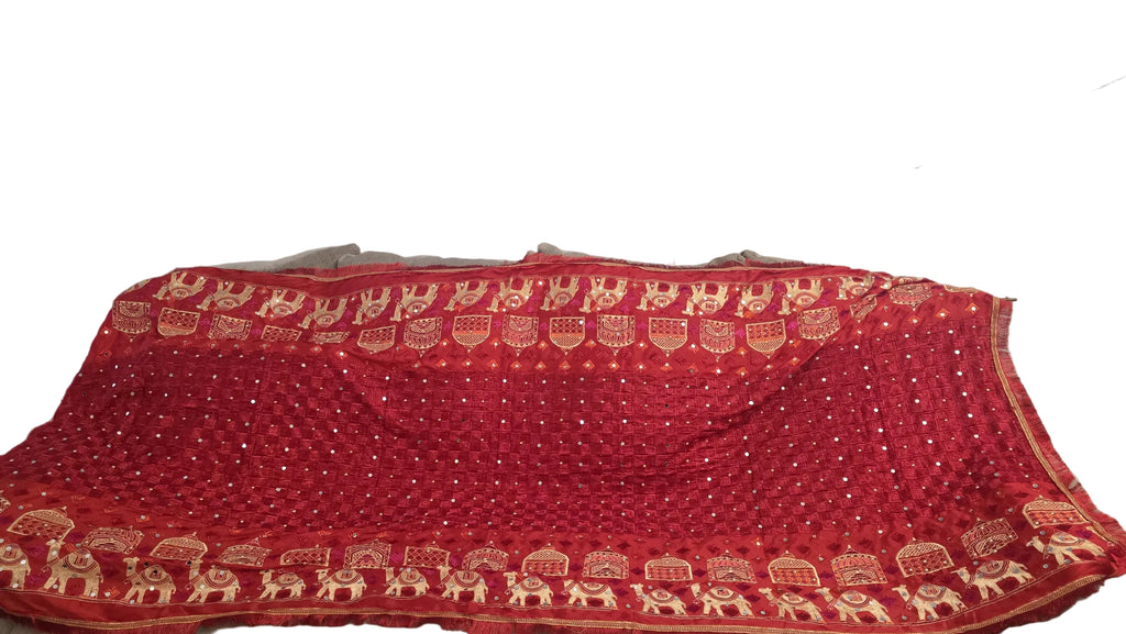 Red Handmade , Handwoven , Elegant vibrant & Authentic Multicolour camel figure Phulkari Dupatta / Indian Scarf. Hand embroidered