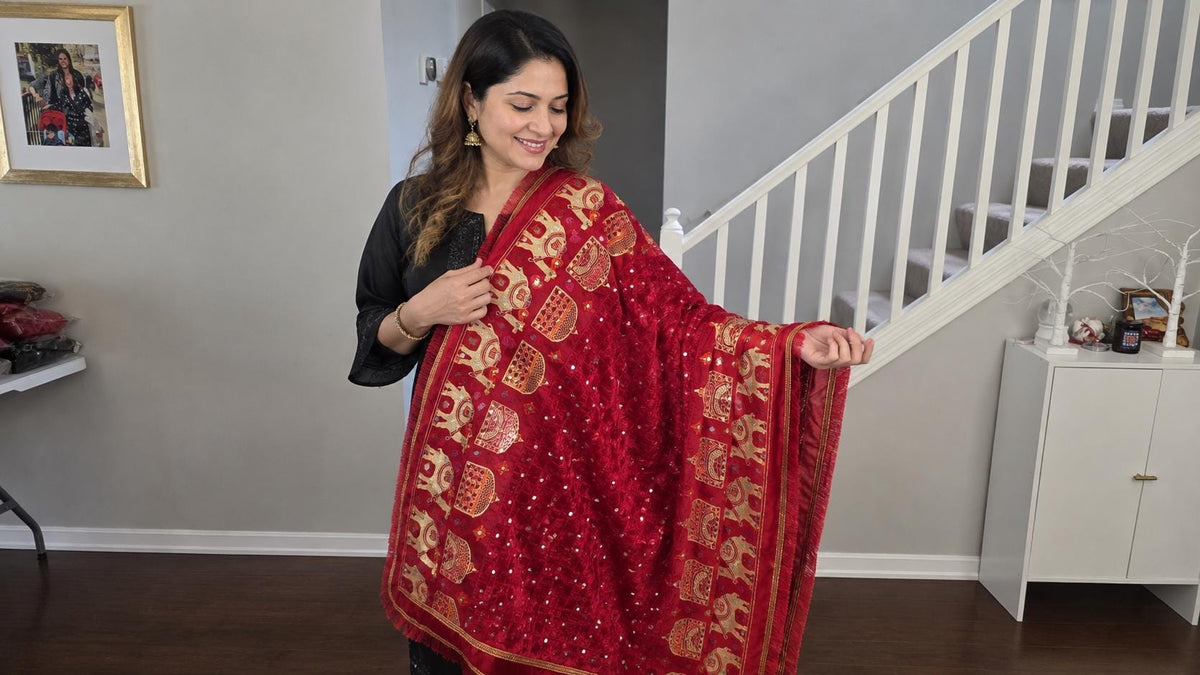 Red Handmade , Handwoven , Elegant vibrant & Authentic Multicolour camel figure Phulkari Dupatta / Indian Scarf. Hand embroidered
