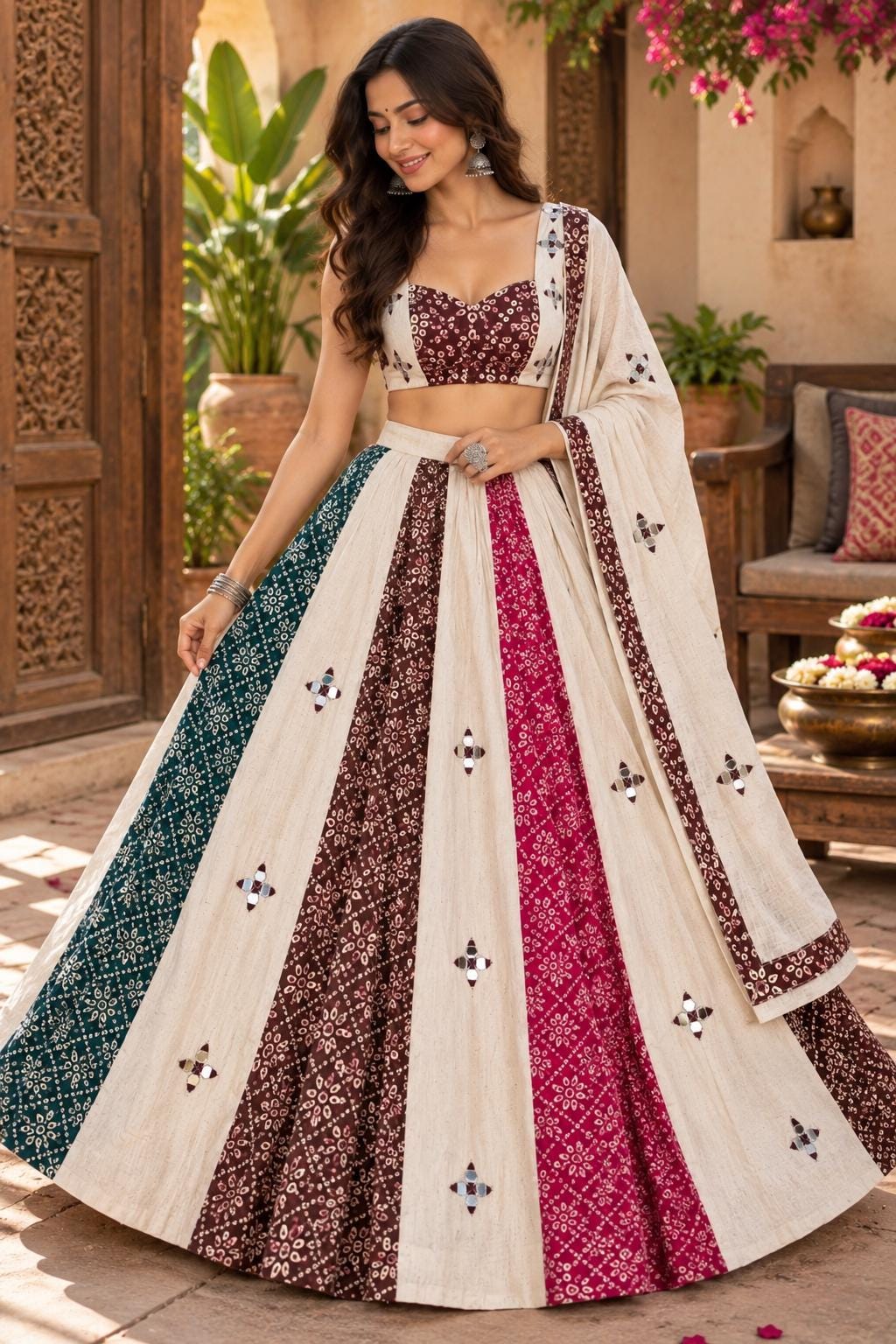 White Ajrak Lehenga Choli Set | Traditional Indian Garba Outfit