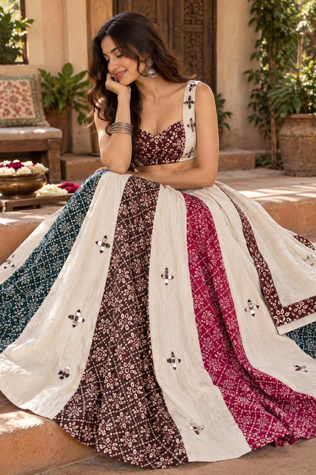 White Ajrak Lehenga Choli Set | Traditional Indian Garba Outfit