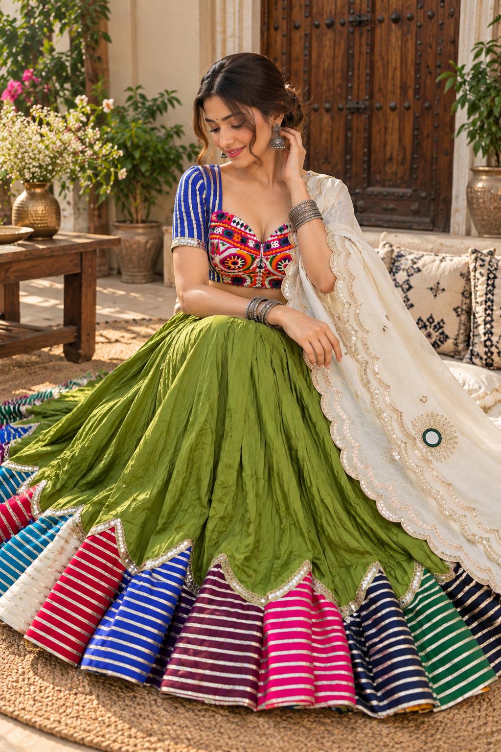 Garba Print Lehenga |Green Ethnic Skirt | Navratri Ghagra Choli | Handmade Indian Festival Outfit