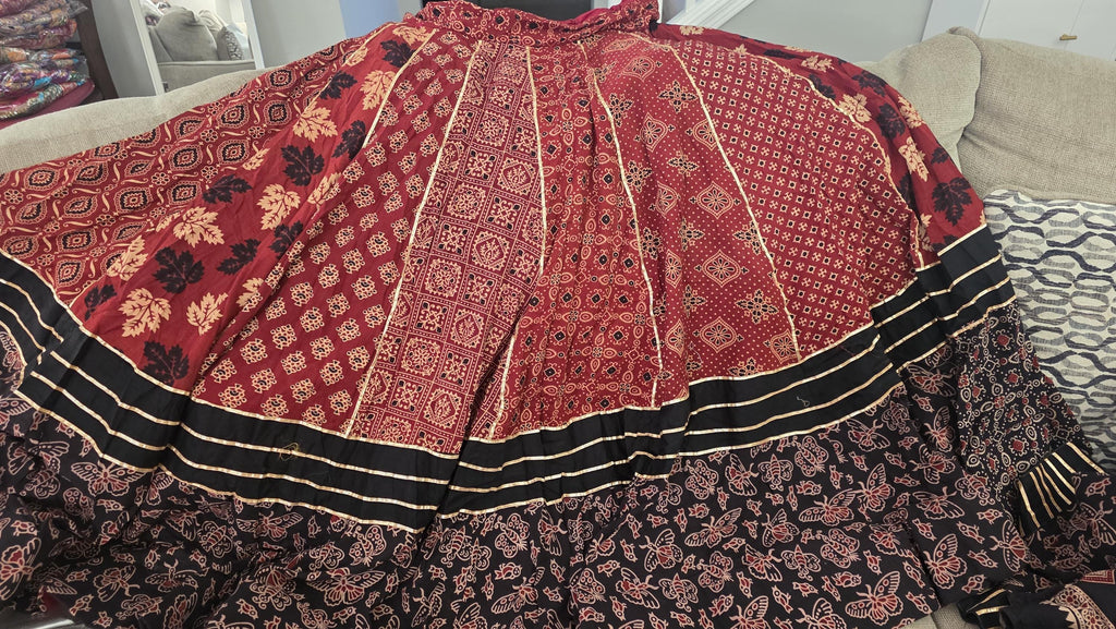 Garba black Khadi Ajarak Print Lehenga |Multicolored Ethnic Skirt | Navratri Ghagra | Handmade Indian Festival Outfit