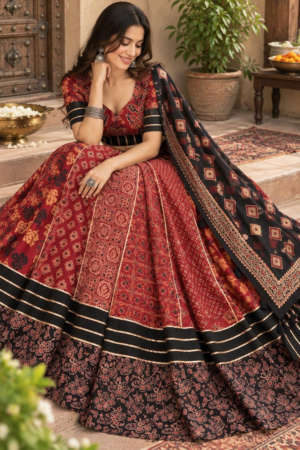 Garba black Khadi Ajarak Print Lehenga |Multicolored Ethnic Skirt | Navratri Ghagra | Handmade Indian Festival Outfit