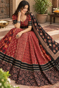 Garba black Khadi Ajarak Print Lehenga |Multicolored Ethnic Skirt | Navratri Ghagra | Handmade Indian Festival Outfit