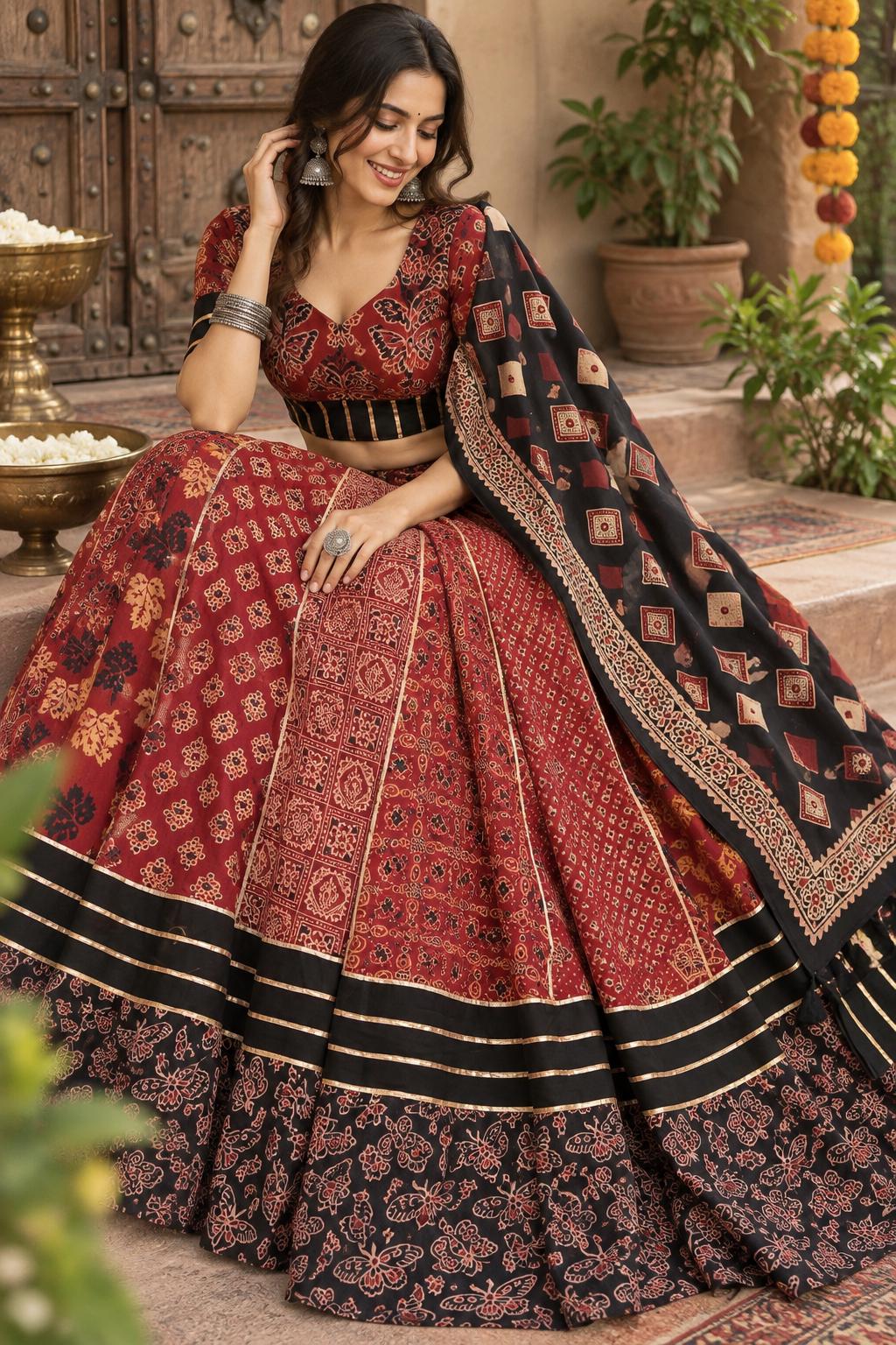 Garba black Khadi Ajarak Print Lehenga |Multicolored Ethnic Skirt | Navratri Ghagra | Handmade Indian Festival Outfit