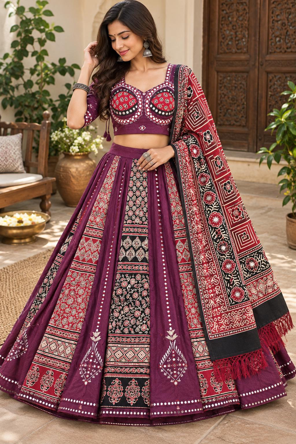 Purple arri work Patchwork Lehenga Set | Festive Indian Wedding Wear (Stitched)