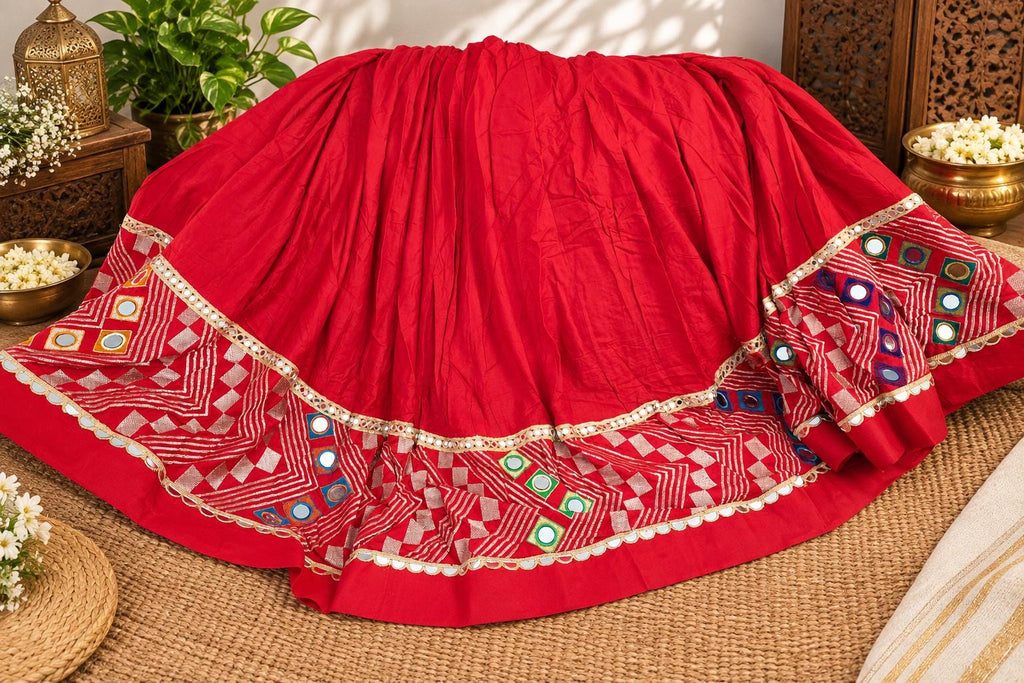 Red green Cotton Lehenga Choli Set | Gold Embroidered Indian Skirt Set | Navratri Garba Outfit | Festive Ethnic Wear | Wedding Lehenga