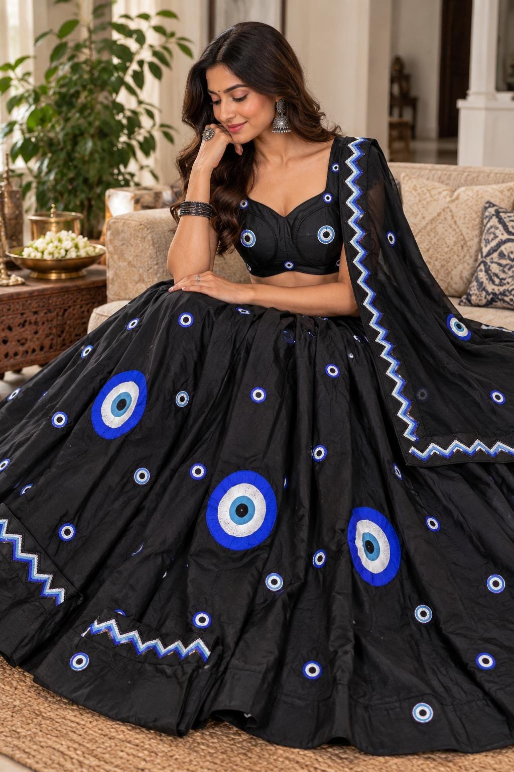 Black Embroidered Lehenga Set navratri garba blue eye motif skirt festive chaniya choli with dupatta