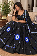Black Embroidered Lehenga Set navratri garba blue eye motif skirt festive chaniya choli with dupatta