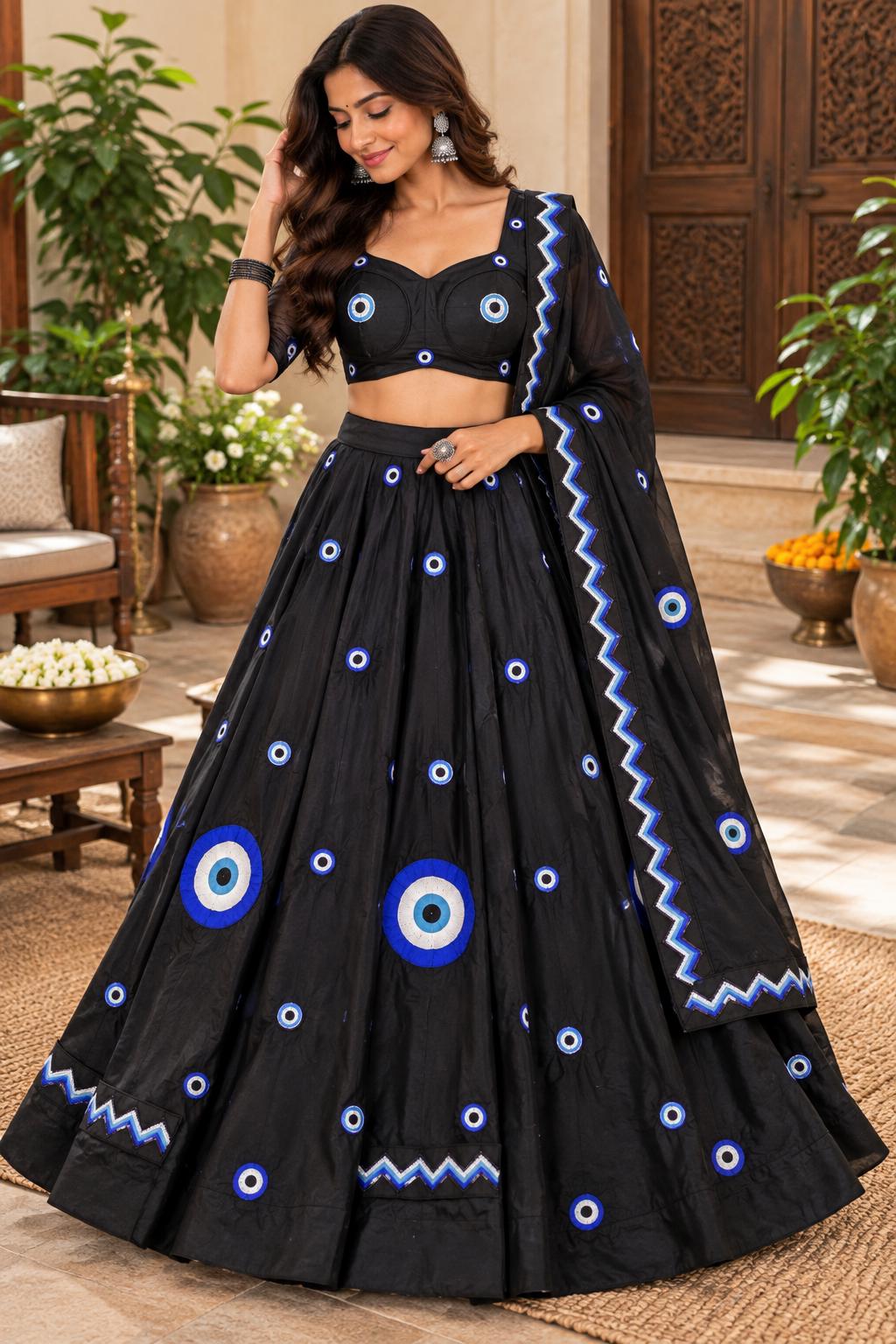 Black Embroidered Lehenga Set navratri garba blue eye motif skirt festive chaniya choli with dupatta
