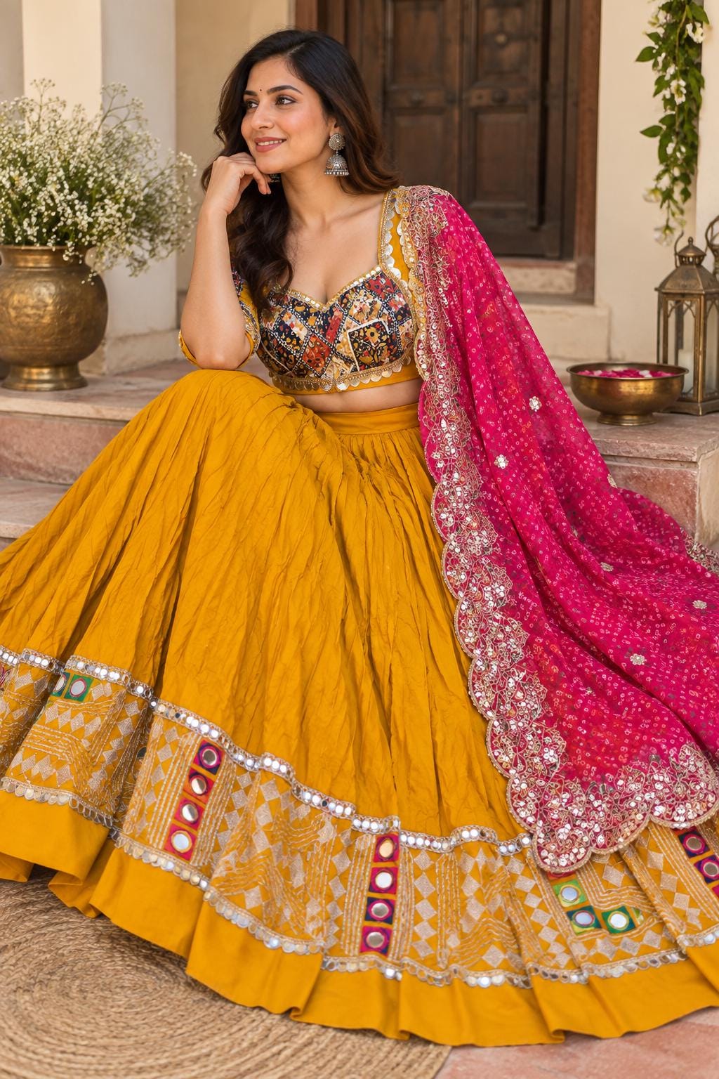 Yellow pink Cotton Lehenga Choli Set | Gold Embroidered Indian Skirt Set | Navratri Garba Outfit | Festive Ethnic Wear | Wedding Lehenga