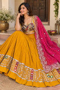 Yellow pink Cotton Lehenga Choli Set | Gold Embroidered Indian Skirt Set | Navratri Garba Outfit | Festive Ethnic Wear | Wedding Lehenga