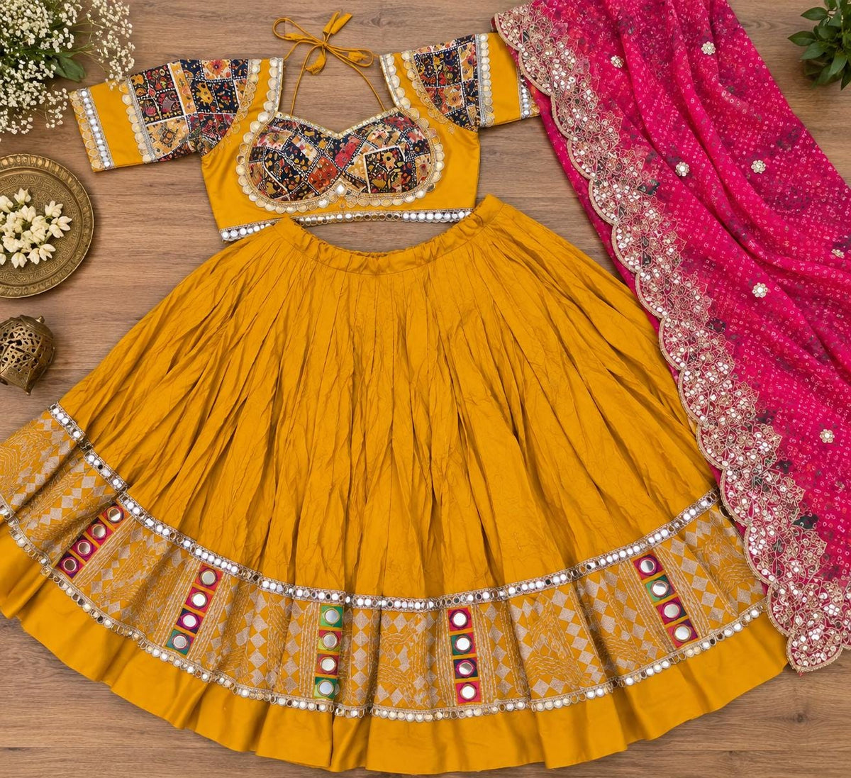 Yellow pink Cotton Lehenga Choli Set | Gold Embroidered Indian Skirt Set | Navratri Garba Outfit | Festive Ethnic Wear | Wedding Lehenga