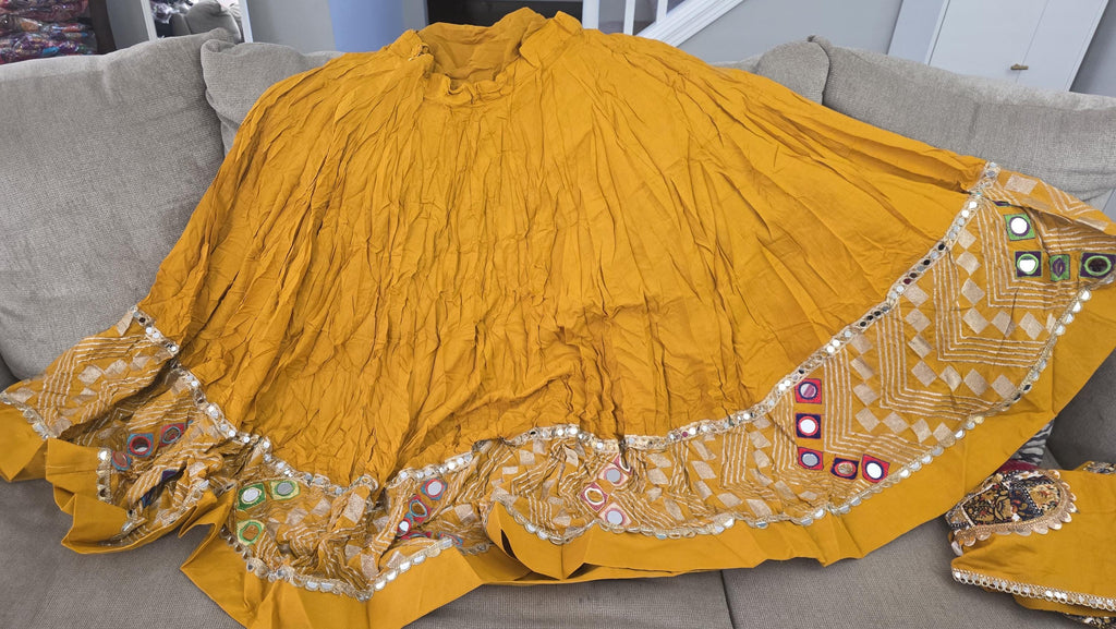 Yellow pink Cotton Lehenga Choli Set | Gold Embroidered Indian Skirt Set | Navratri Garba Outfit | Festive Ethnic Wear | Wedding Lehenga
