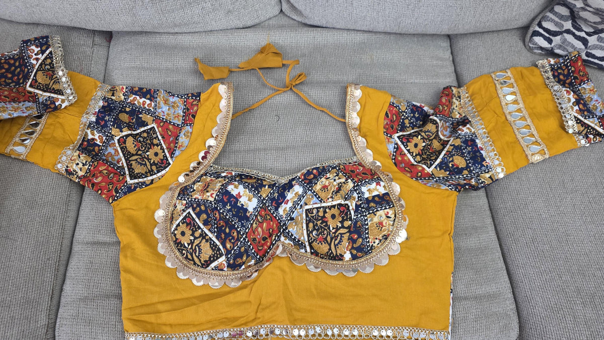 Yellow pink Cotton Lehenga Choli Set | Gold Embroidered Indian Skirt Set | Navratri Garba Outfit | Festive Ethnic Wear | Wedding Lehenga