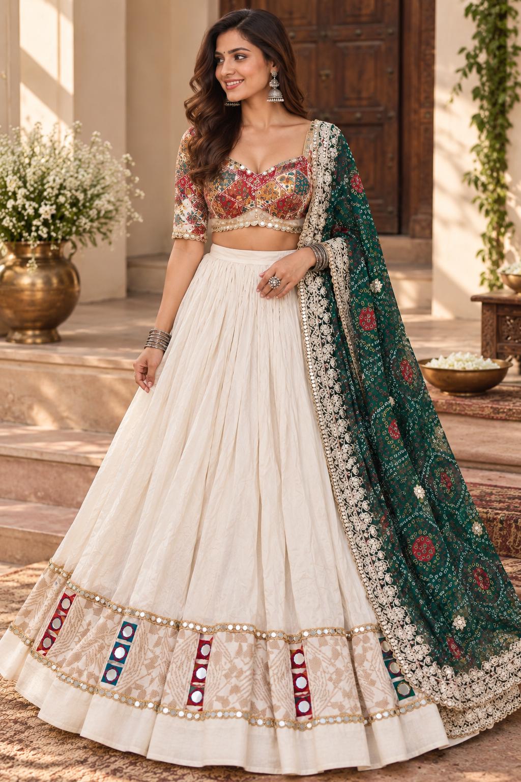 White green Cotton Lehenga Choli Set | Gold Embroidered Indian Skirt Set | Navratri Garba Outfit | Festive Ethnic Wear | Wedding Lehenga