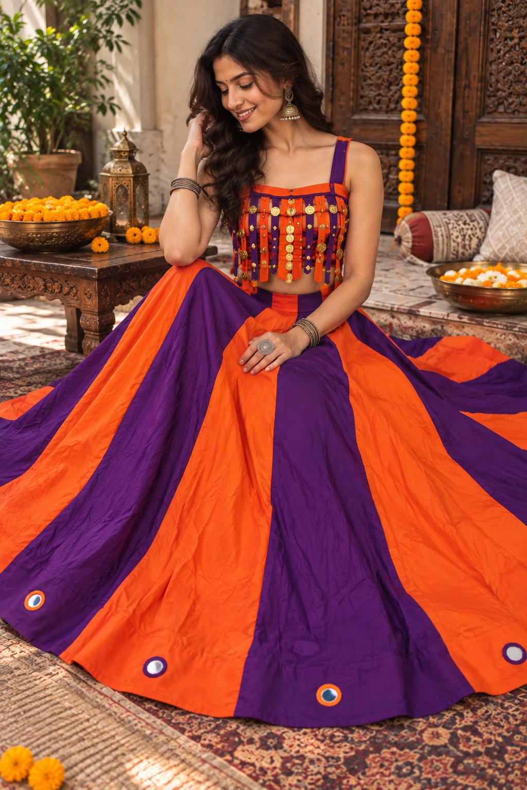 Purple Orange Garba Blouse | Navratri Chaniya Choli Blouse | Gujarati Garba Crop Top | Dandiya Blouse | Mirror & Coin Embellished Blouse