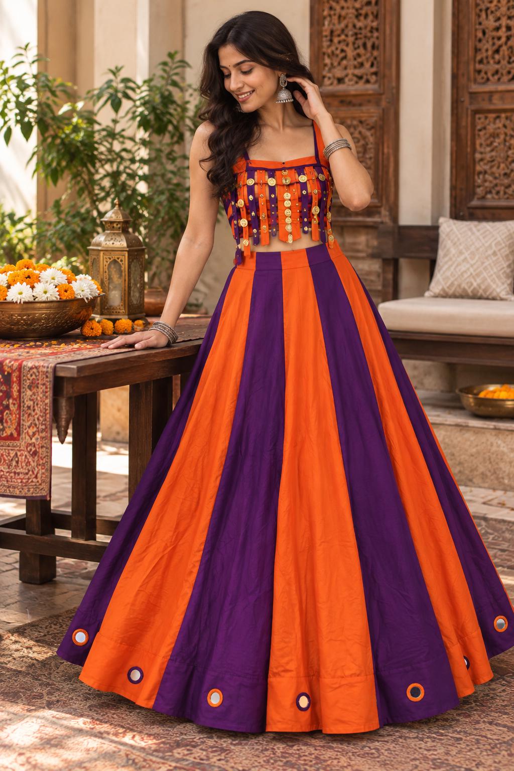 Purple Orange Garba Blouse | Navratri Chaniya Choli Blouse | Gujarati Garba Crop Top | Dandiya Blouse | Mirror & Coin Embellished Blouse