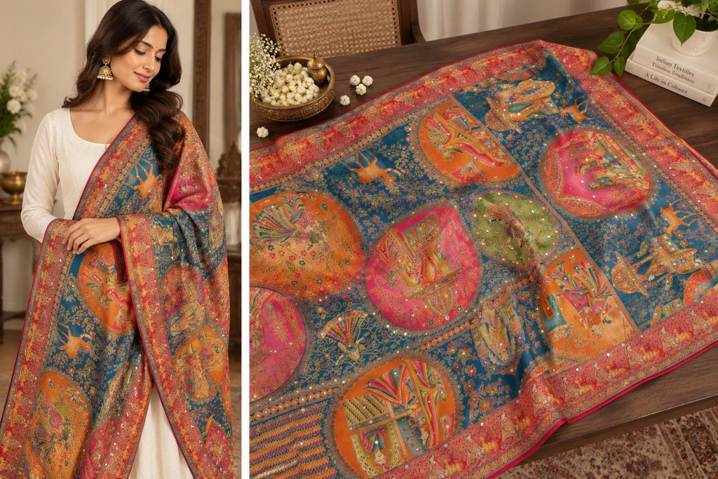 Teal Blue multicolour dupatta Handmade , Handwoven , Elegant vibrant & Authentic