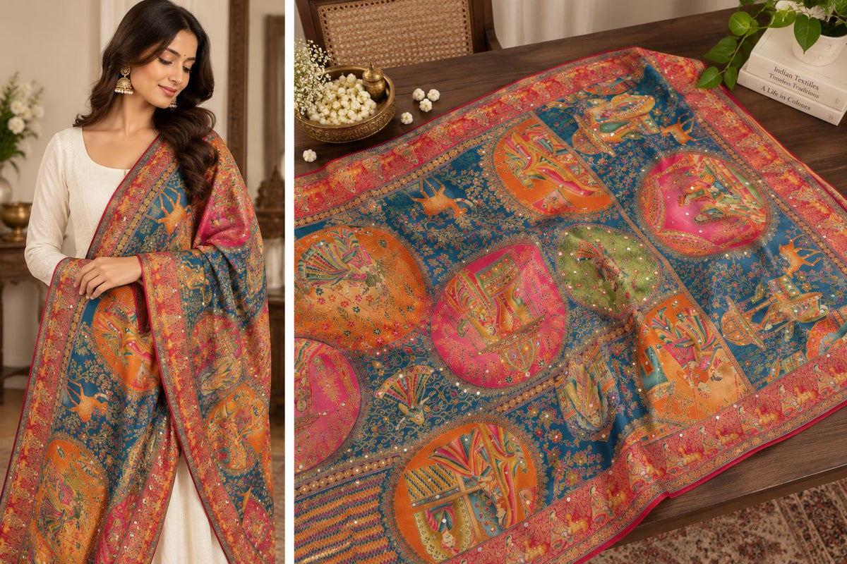Teal Blue multicolour dupatta Handmade , Handwoven , Elegant vibrant & Authentic
