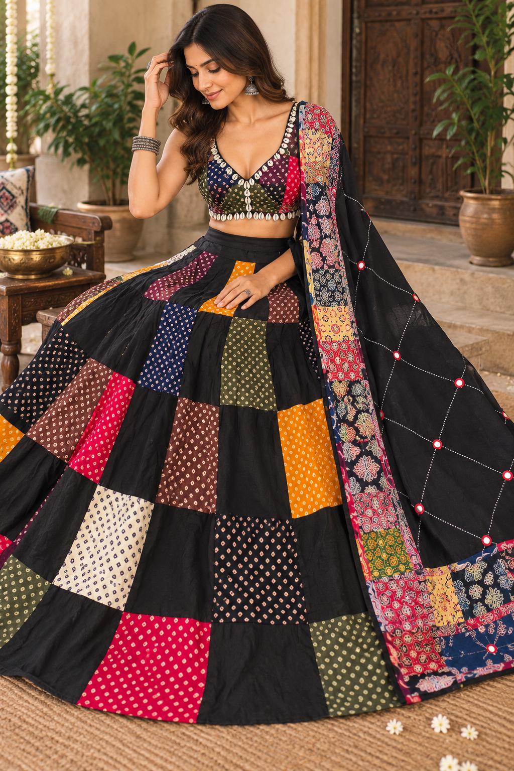 Garba Khadi Ajarak Print Lehenga | black Multicolored Ethnic Skirt | Navratri Ghagra Choli | Handmade Indian Festival Outfit