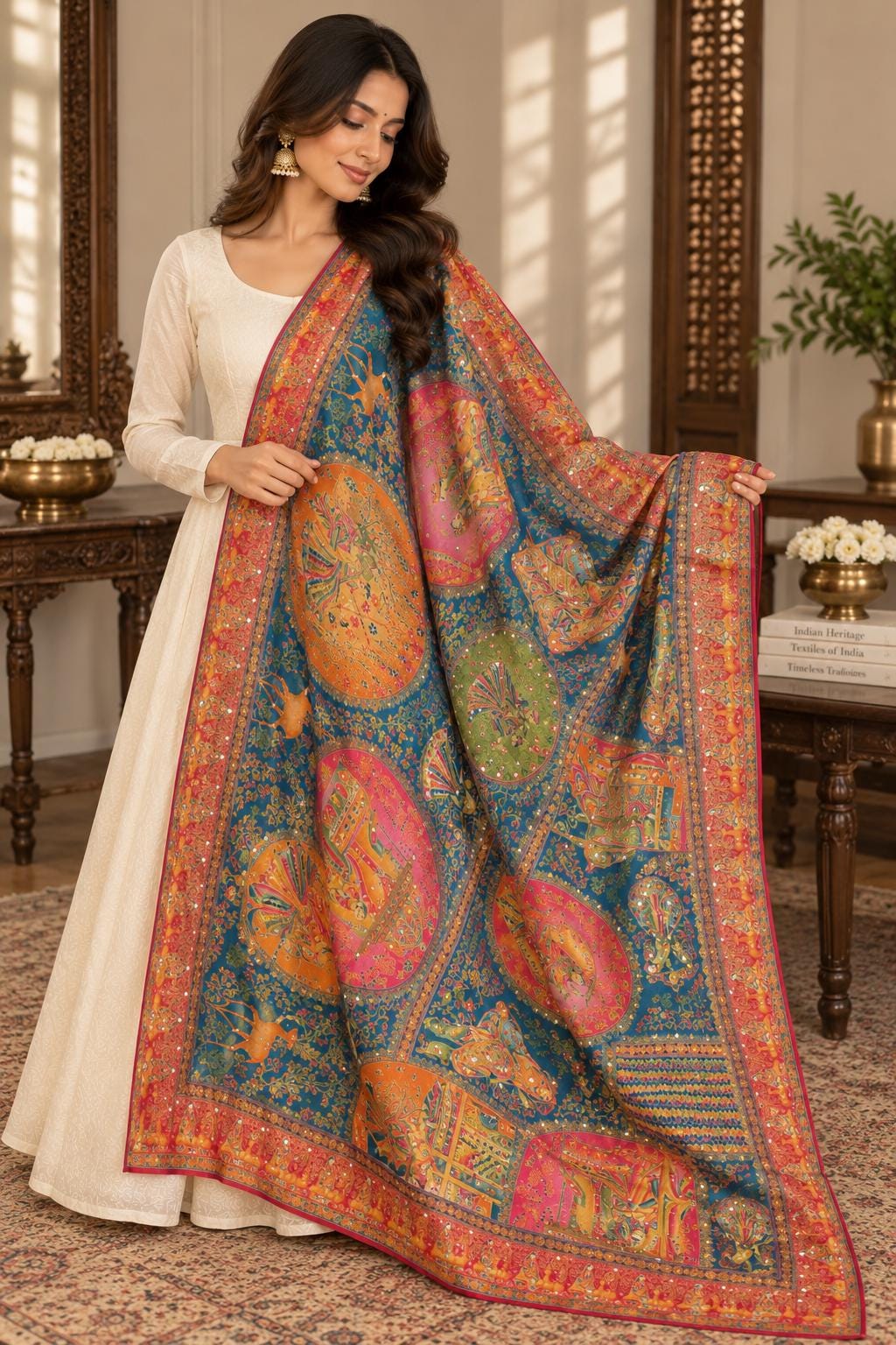 Teal Blue multicolour dupatta Handmade , Handwoven , Elegant vibrant & Authentic