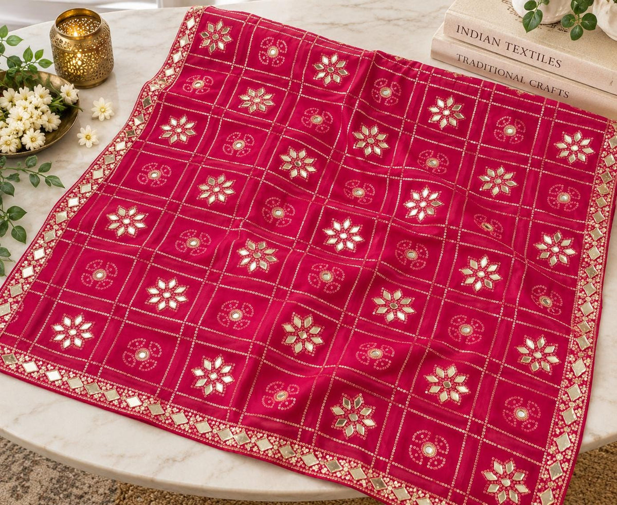 Pure Chinnon Dupatta with Mirror Work | pink Embroidered Dupatta | Indian Chiffon Dupatta | Festive Wedding Scarf | Ethnic